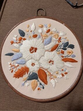 Hand Embroidered 8” Floral Hoop - Cream, Rust & Slate Farmhouse color theme